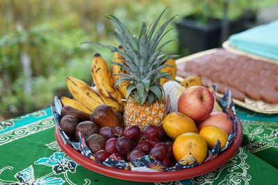 Close-up of fruits in basket on table