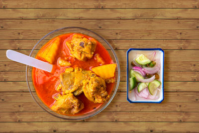 High angle view of food served on table