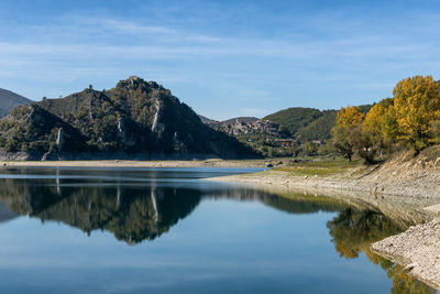 Scenic view of lake and mountains against sky