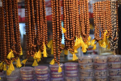 Rudraksha garlands for sale at a shop in maihar, madhya pradesh, india