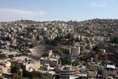 High angle shot of townscape against sky