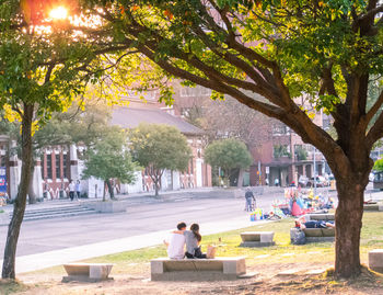 People sitting on bench in park