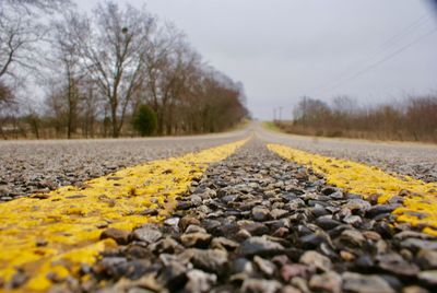 Surface level of road amidst bare trees against sky