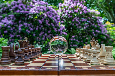 Close-up of chess pieces on table