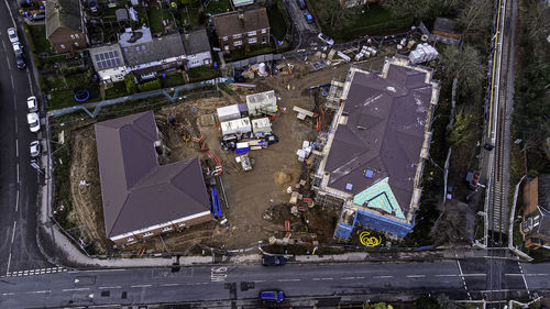 High angle view of illuminated buildings in city