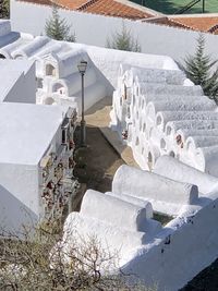 High angle view of snow covered field