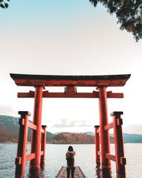 Rear view of woman looking at sea against sky