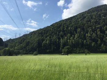 Scenic view of river with trees and mountains against cloudy sky