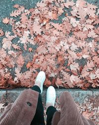Low section of woman standing on footpath by leaves during autumn