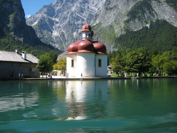 View of temple against mountain range