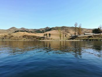 Scenic view of lake against clear blue sky