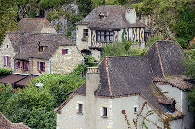 High angle view of old houses in french village