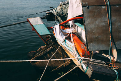 High angle view of boats moored on sea