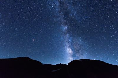 Scenic view of silhouette mountain against sky at night