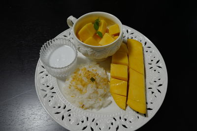 High angle view of food in plate on table