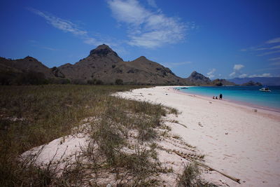 Scenic view of beach against blue sky