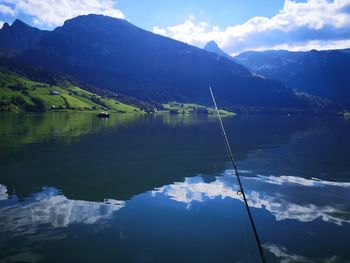 Scenic view of lake and mountains against sky