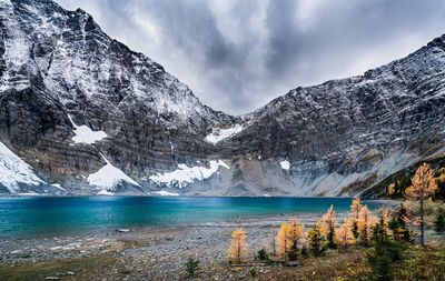 Scenic view of lake by snowcapped mountains against sky