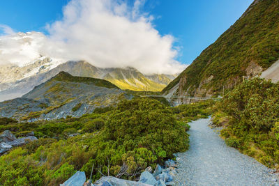 Scenic view of waterfall against sky