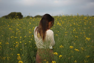 Rear view of woman standing amidst yellow flowers