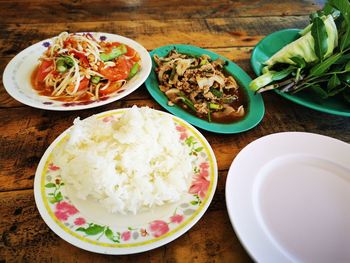 High angle view of breakfast served on table