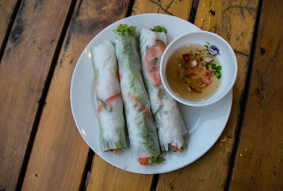 High angle view of food in plate on table