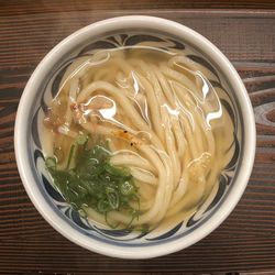 High angle view of soup in bowl on table