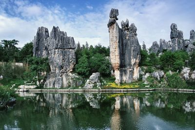 Scenic view of stone forest reflection in river