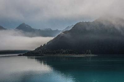 Scenic view of lake and mountains against sky