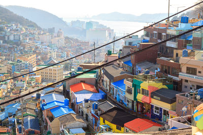 High angle view of cityscape against clear sky