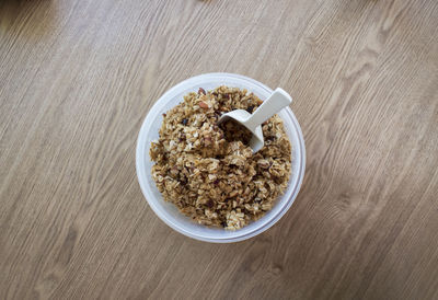 High angle view of breakfast served on table