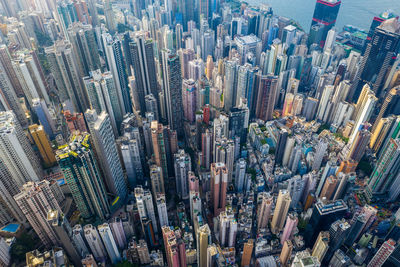 High angle view of modern buildings in city