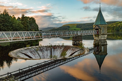 Reflection of bridge in river against cloudy sky