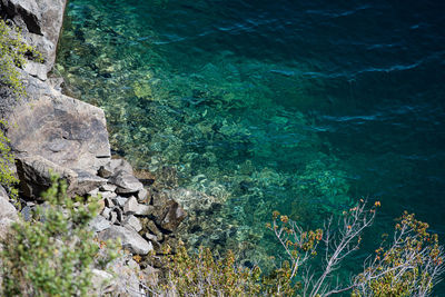 High angle view of rocks by sea