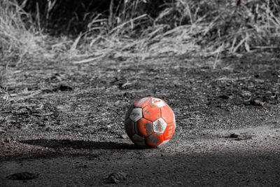 High angle view of soccer ball on field