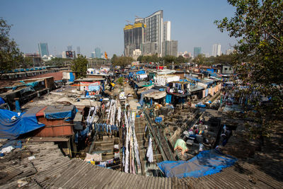 Panoramic view of cityscape against clear sky