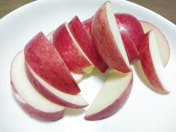 High angle view of fruits in plate on table