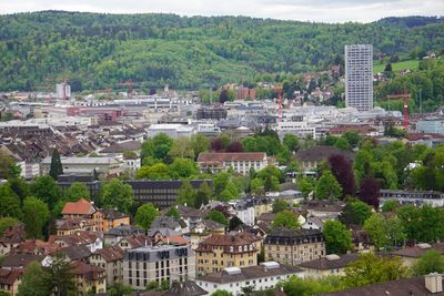 High angle view of buildings in town