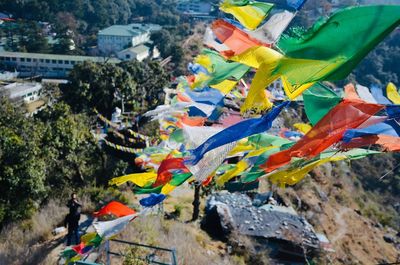 High angle view of multi colored flags on building