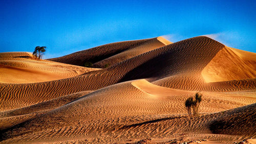 Sand dunes in desert against clear blue sky