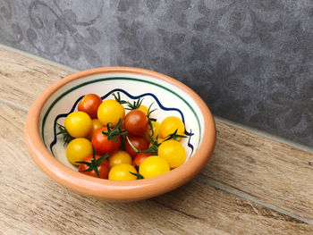 High angle view of tomatoes in bowl on table