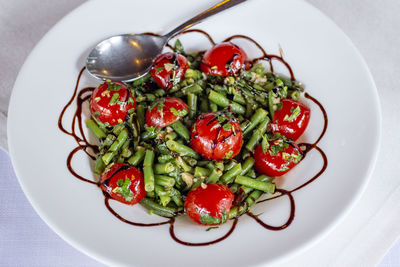 High angle view of salad in plate on table