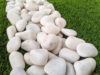 High angle view of stones on field