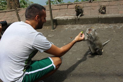 Man feeding monkey on road