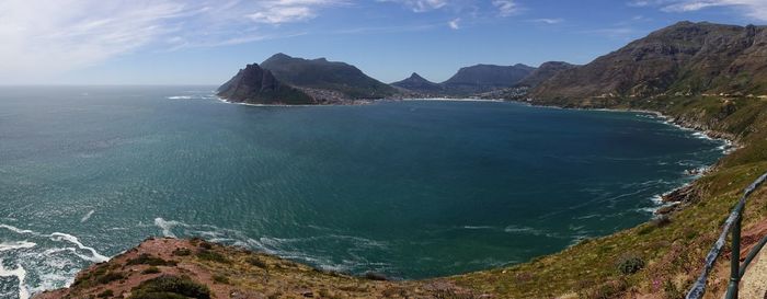 Scenic view of sea and mountains against sky