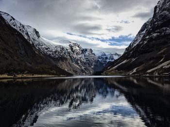 Scenic view of lake and snowcapped mountains against sky