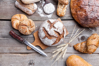 High angle view of bread on cutting board