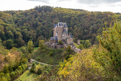 High angle view of castle on mountain