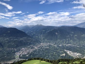 High angle view of townscape against mountain range