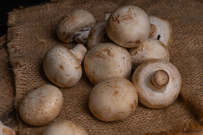 High angle view of mushrooms on table